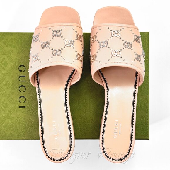 NEW GUCCI Janaya Interlocking GG Studs Rose Leather Sandals Slides EU 40 US 10 - Picture 9 of 11